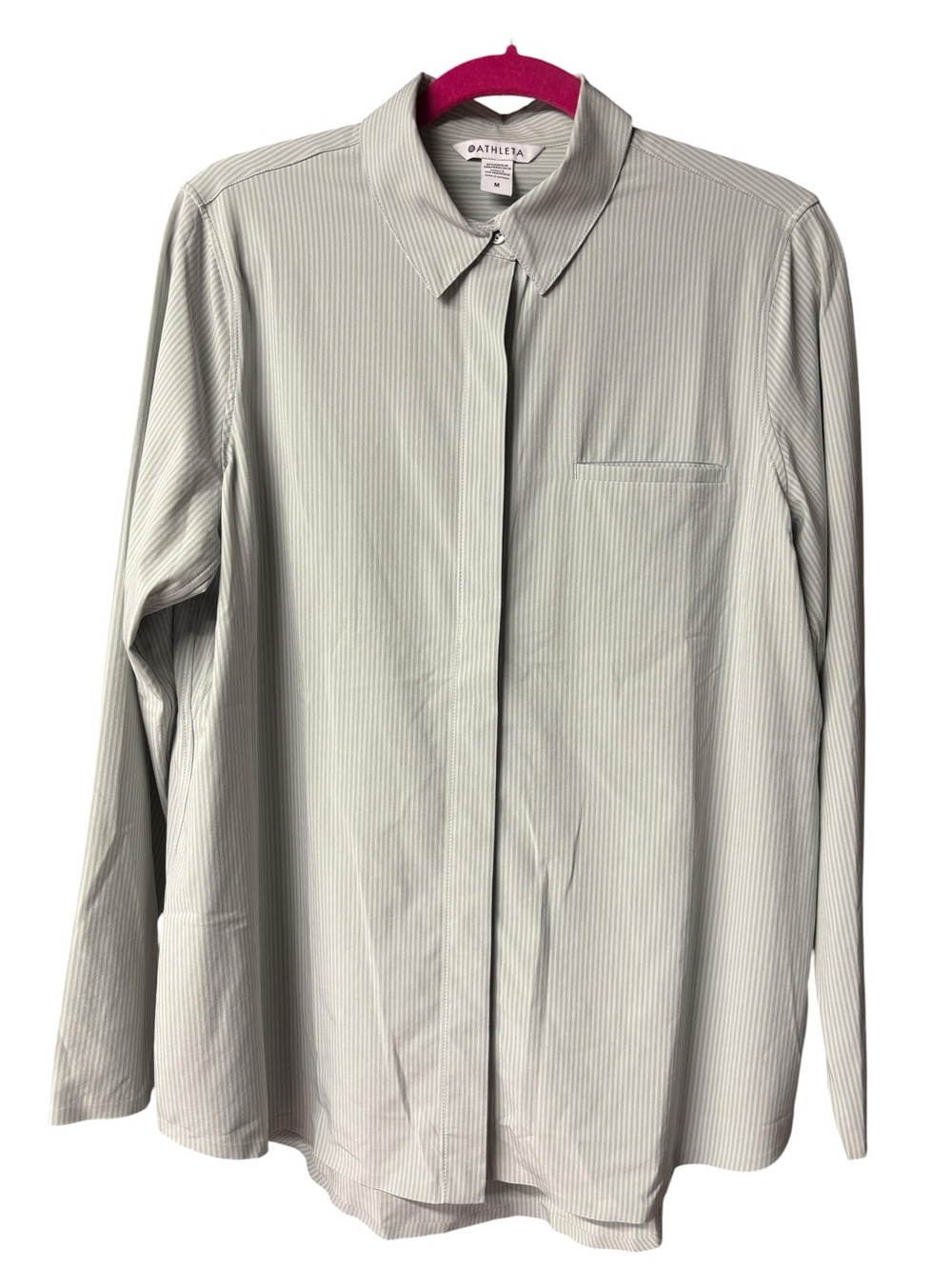 Athleta Gray Striped Button Down Shirt Medium Lightweight Stretch Work Blouse